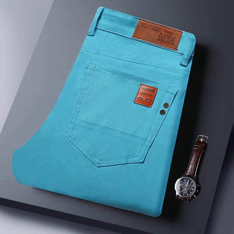 Slim Elastic Jeans Men's Colorful Fashion Korean Pants Spring Autumn Soft Comfortable Casual Straight Denim Trousers Streetwear