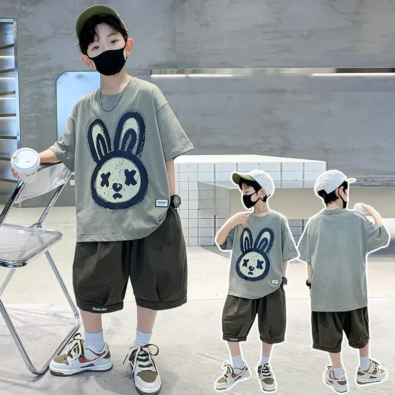 Summer Boys Cotton Leisure Cartoon Print T-Shirt Top+Shorts Pant Set School Kids 2PCS Tracksuit Children Vacation Outfit 5-16Yr