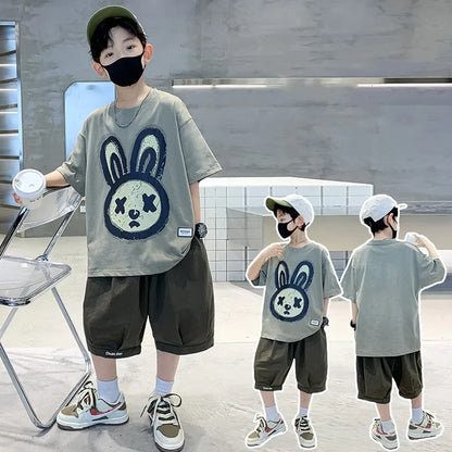 Summer Boys Cotton Leisure Cartoon Print T-Shirt Top+Shorts Pant Set School Kids 2PCS Tracksuit Children Vacation Outfit 5-16Yr