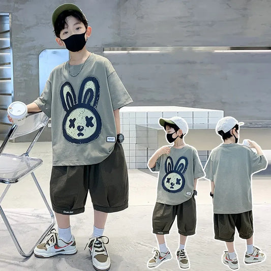 Summer Boys Cotton Leisure Cartoon Print T-Shirt Top+Shorts Pant Set School Kids 2PCS Tracksuit Children Vacation Outfit 5-16Yr