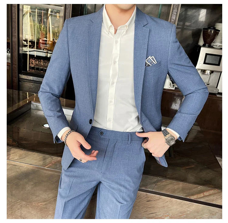 Men's Stylish Handsome Solid Color Suit Two-Piece Set M-4XL High Quality Formal Casual Banquet Fit Trousers Included