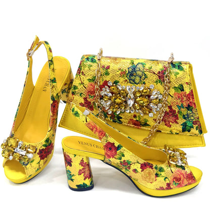 Italian Sandals and Bags Matching Set 2024 Women Heel Party for Gold Colour Wedding Bigger Size Thick Heel Shoes