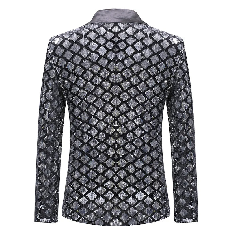 2026 Gold Men's Black Collar Suit Jacket, Glitter Sequin Decoration Wedding Party Dress Coat Black Silver Fashion Blazers.