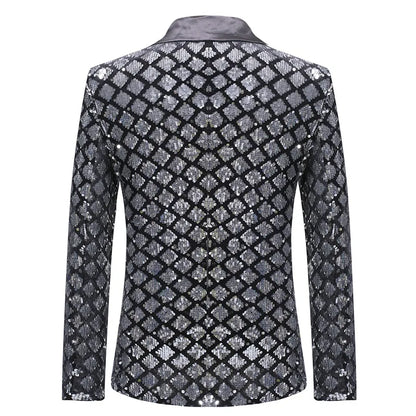 2026 Gold Men's Black Collar Suit Jacket, Glitter Sequin Decoration Wedding Party Dress Coat Black Silver Fashion Blazers.