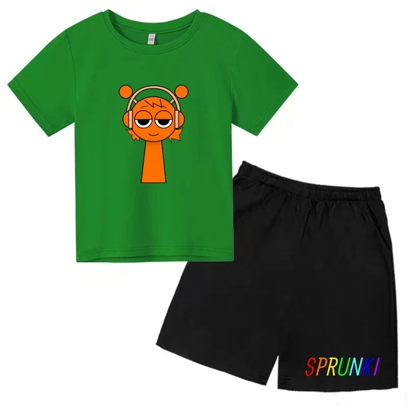 2026 Sprunki Kids T-Shirt + Shorts Set, Boys Girls Cartoon Game Printed Cotton Short Sleeve 2Pcs Summer Casual Outfit