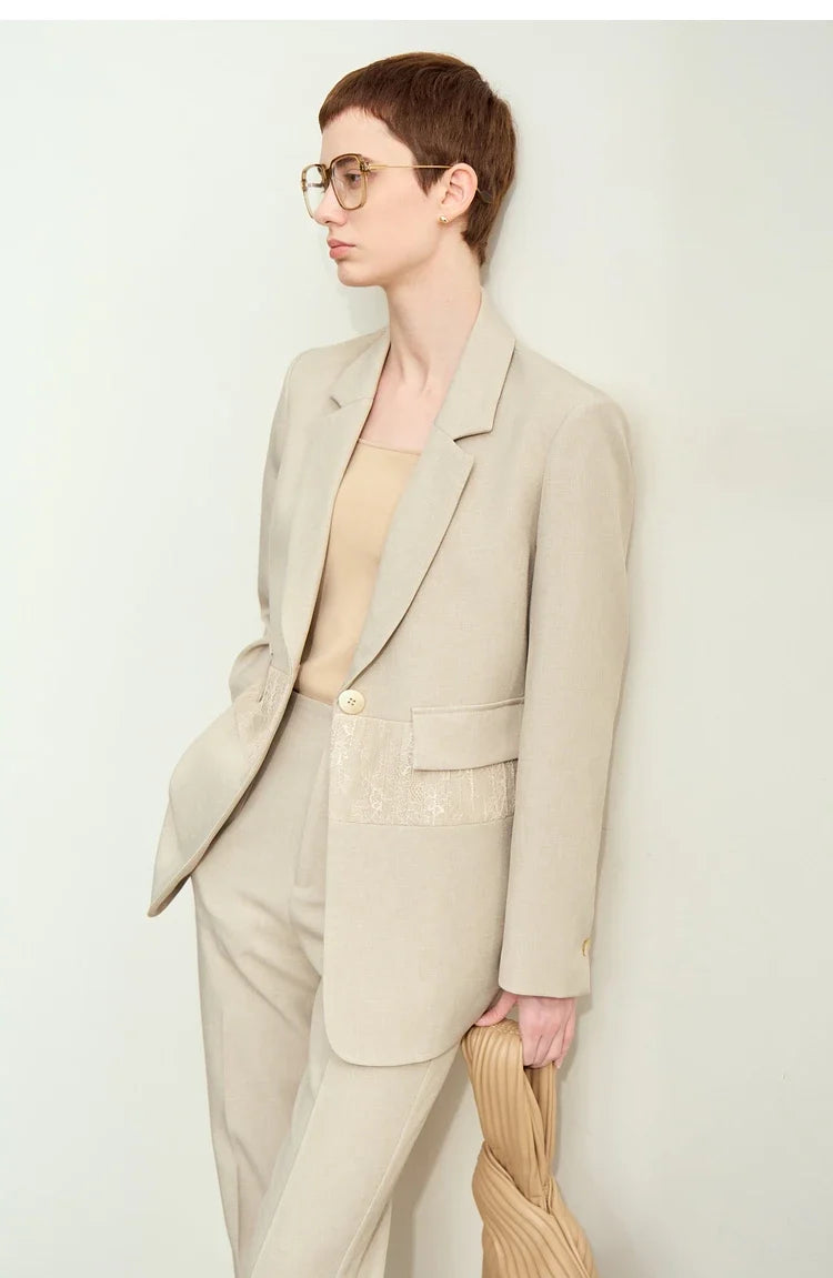 Minimalism 2025 Women's Blazer Autumn New Office Lady Lace Spliced Shoulder Professional Loose Female Notched Tops 12443009