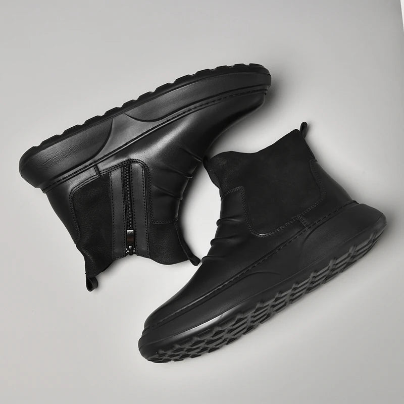 Luxury Brand Male Slip on Chelsea Boots Genuine Leather Mens Warm Winter Shoes High Quality Ankle Boots Men Handmade Snow Boots