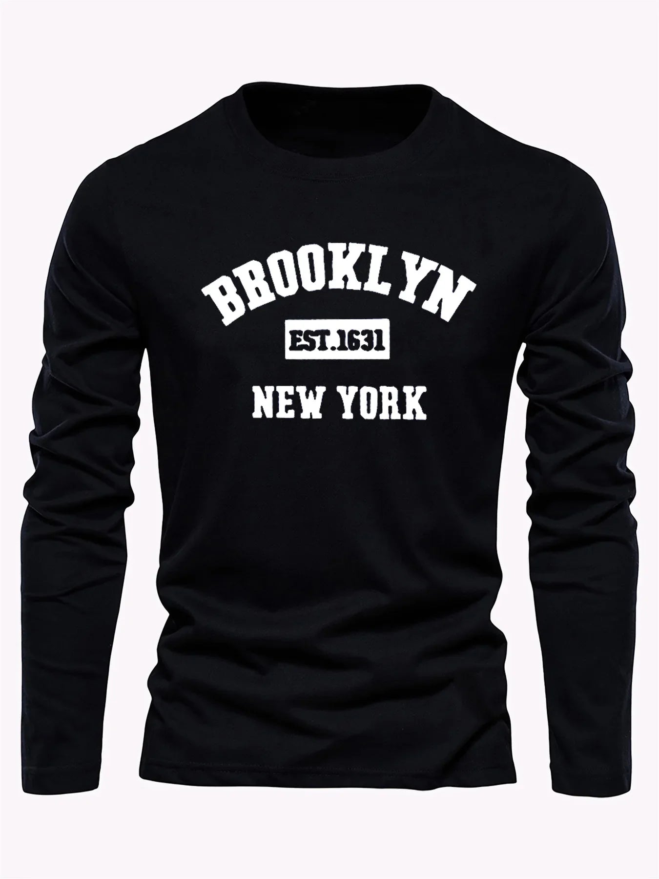 Men's 100% pure cotton loose and comfortable sports and leisure Brooklyn print round neck long sleeved T-shirt top