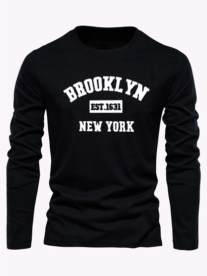 Men's 100% pure cotton loose and comfortable sports and leisure Brooklyn print round neck long sleeved T-shirt top