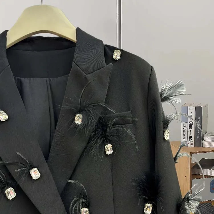 Luxury feather Faux diamond blazer Women 2025 New Double breasted rhinestones jacket High quality Loose Lady suit INKEO 4O089