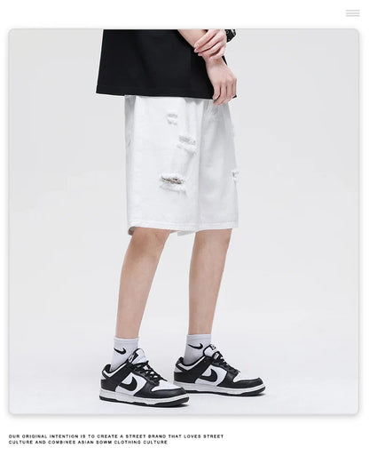 Summer New White Casual Men's Denim Shorts Ripped Fashion Loose Straight Street Bermuda Jeans Male Hole Short Pants