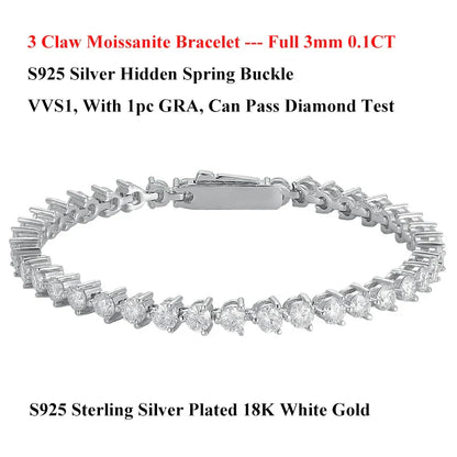 3 Claw 2.5/3mm Full D Color Moissanite Diamond Tennis Bracelet Hidden Buckle for Women Man 925 Silver Link Chain Bracelets