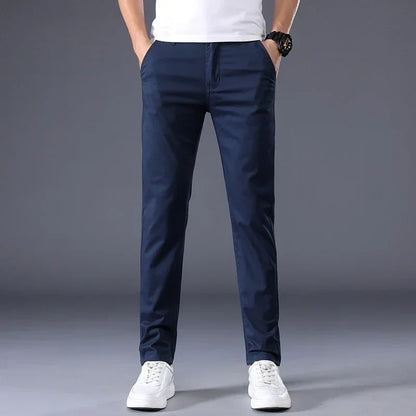Summer Thin Men's Casual Pants Cotton 7 Colors Classic Style Elastic Straight Slim Fit Business Fashion Long Trousers Male