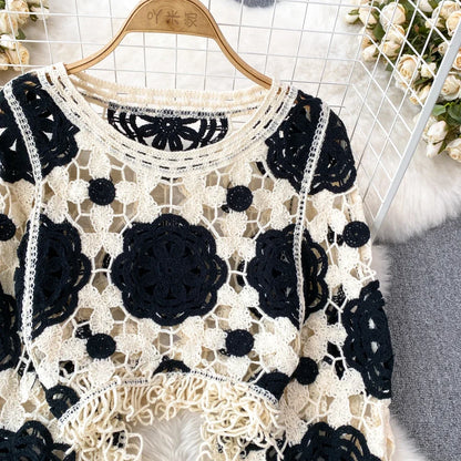 Hook Flower Hollow Out Tops Women Long Lantern Sleeves Tassels Vintage Bohemian Loose Beachwear Hotsweet Knit Blouse
