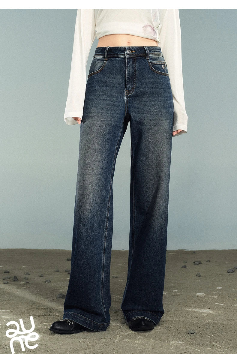 Women Denim Jeans 2025 Autumn New Lycra Stretch Washed Wide Leg Straight Long Pants