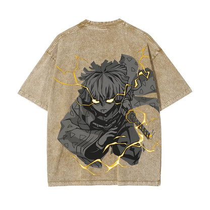Demon Slayer Men's Women's Washed T-Shirt Zenitsu Agatsuma Summer Spring Anime Tee Retro Distressed High Quality Short Sleeve