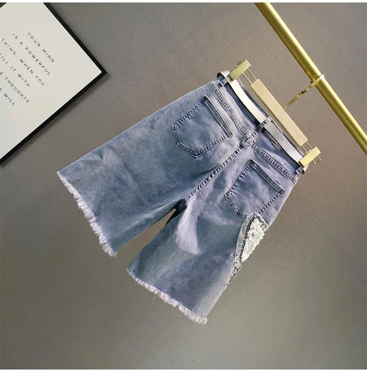 Ladies' Beaded and Sequined Denim Cropped Pants, New Summer Style, Raw-edge Straight-cut, Slim-fitting, Versatile Shorts