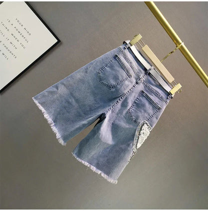 Ladies' Beaded and Sequined Denim Cropped Pants, New Summer Style, Raw-edge Straight-cut, Slim-fitting, Versatile Shorts