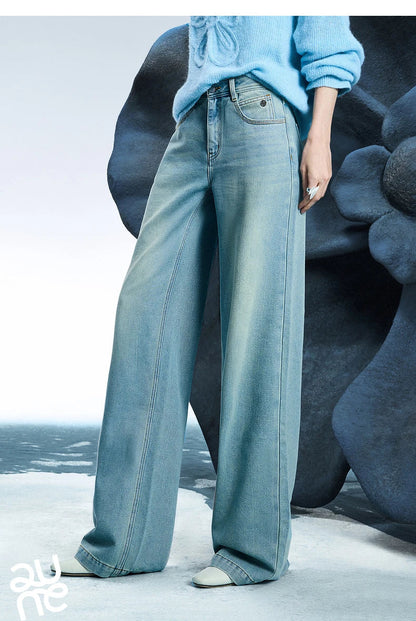 Women Denim Jeans 2025 Spring New Acetate Wide Leg Mid Low Waist Slim Fit Straight Wide Leg Pants