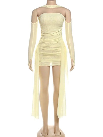 Mesh Simple Mini Dress Fashion Solid Strapless Ribbons Tassel Body-shaping Vestidos+Seperately Full Sleeve Gloves