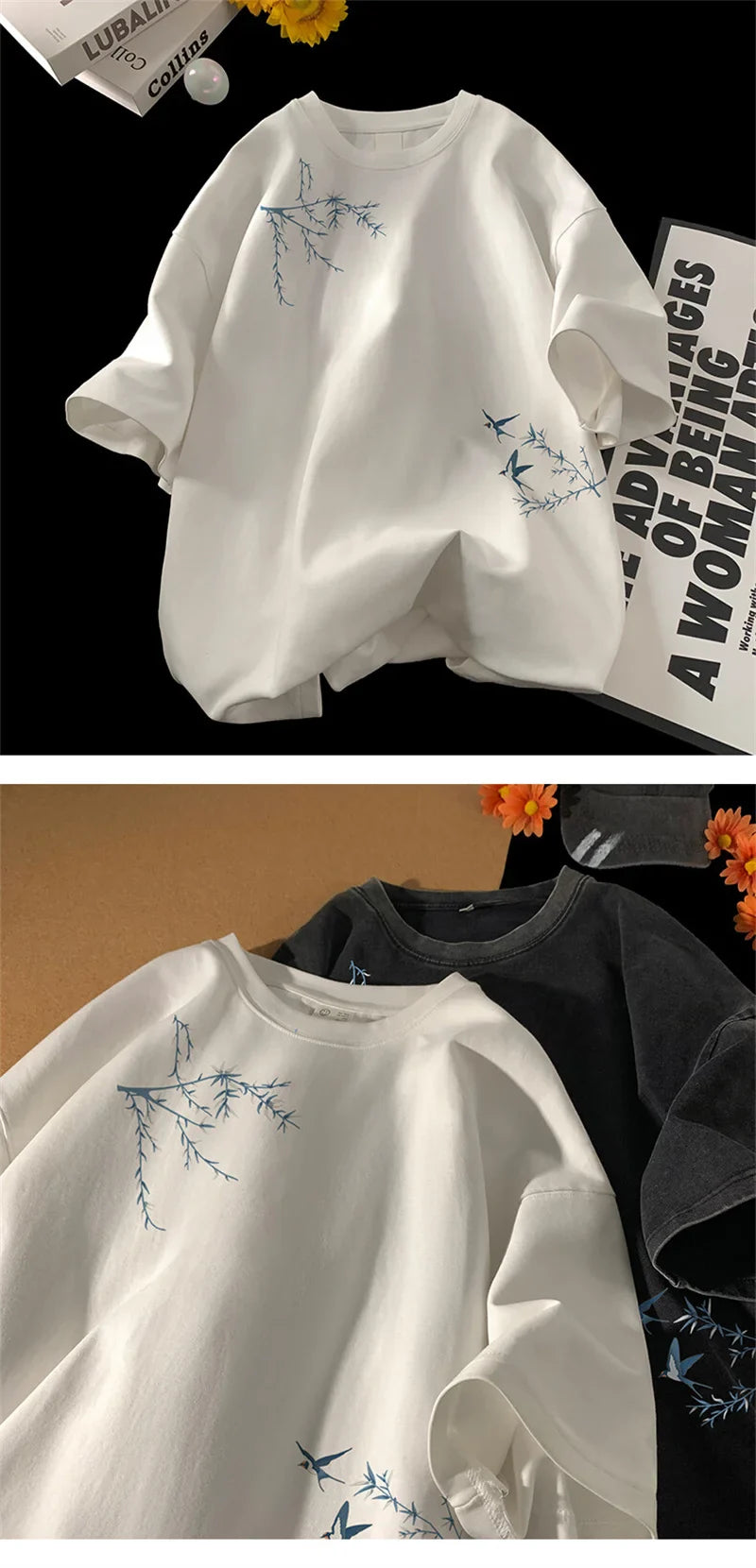 Men's Oversized T-shirts Fashion White 5XL Cotton T Shirt for Men Casual Summer Wear Bird Print Tee Shirts Men Clothing