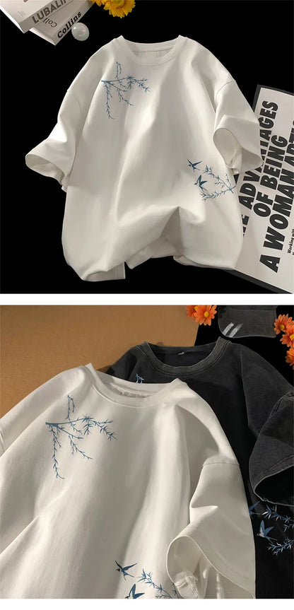 Men's Oversized T-shirts Fashion White 5XL Cotton T Shirt for Men Casual Summer Wear Bird Print Tee Shirts Men Clothing