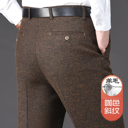 Autumn Winter Suit Pants Thicken Mens British Pants Straight Flat Loose High Waist Twill Dress Men Wool Trousers Size 40 42 44