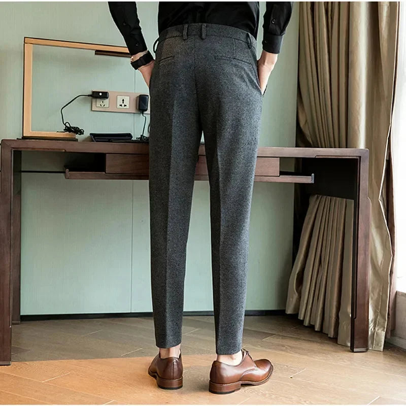 Autumn Winter Man Elastic Pants Herringbone Straight Leg Trousers Knitted Business Casual Banquet Men's Suit Pants