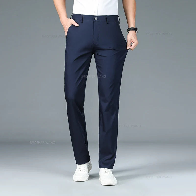 Bamboo Fiber Fabric Men's Casual Pants Summer New Ultra-thin Elastic Soft Straight Business Trousers Classic Black Khaki Gray
