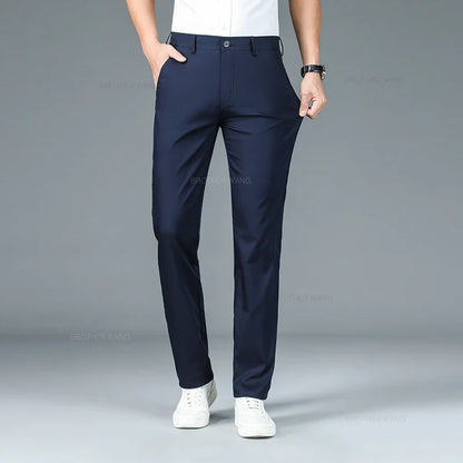 Bamboo Fiber Fabric Men's Casual Pants Summer New Ultra-thin Elastic Soft Straight Business Trousers Classic Black Khaki Gray