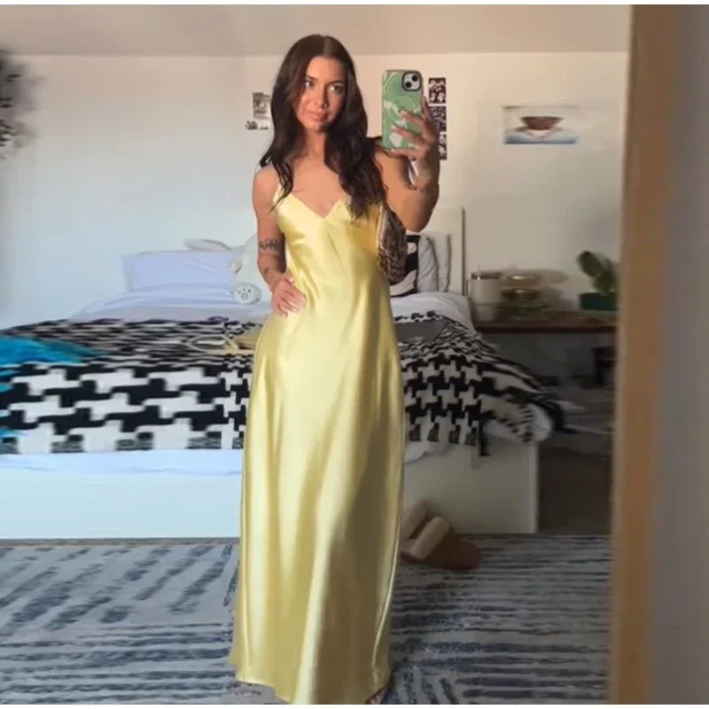 Yellow Satin Sling Dress Women Elegant V Neck Sleeveless Backless High Waist Maxi Dresses 2025 Summer Lady Party Evening Robes
