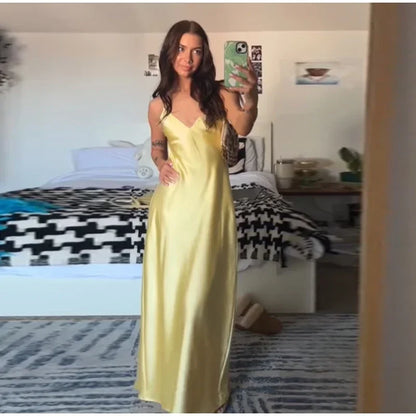 Yellow Satin Sling Dress Women Elegant V Neck Sleeveless Backless High Waist Maxi Dresses 2025 Summer Lady Party Evening Robes
