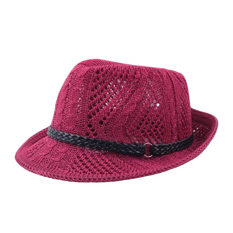 Summer Women's Knitted Mesh Breathable Curled Jazz Hat Leather Belt Panama Hat