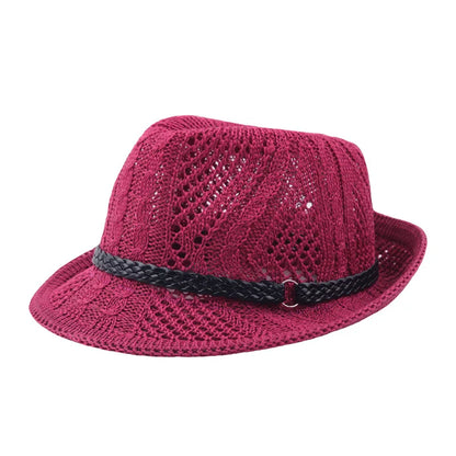 Summer Women's Knitted Mesh Breathable Curled Jazz Hat Leather Belt Panama Hat