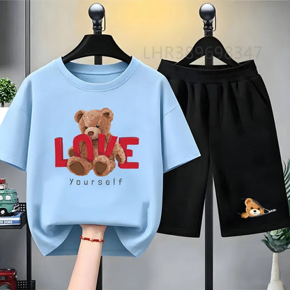 Kids T-shirt+Shorts Two-Piece Set White Clothing Boy Girl 3-12 Yrs Sports Short-Sleeved Summer Casual  Little Bear Printing Set