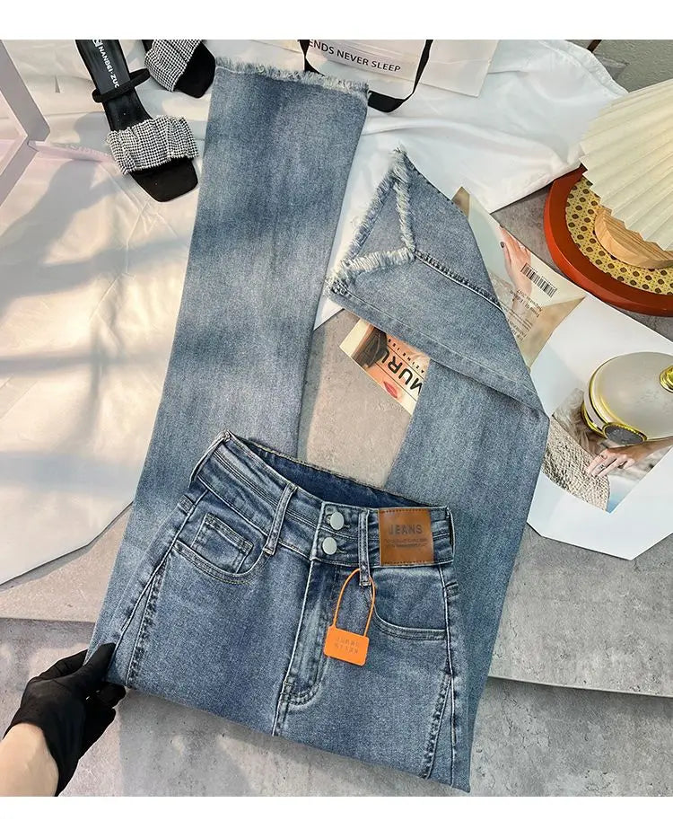 Women Autumn Y2K Slim Flared Denim Trouser Raw Edge Vintage Sexy Minimalist Pant Grunge High Waist Solid High Street Retro Jeans