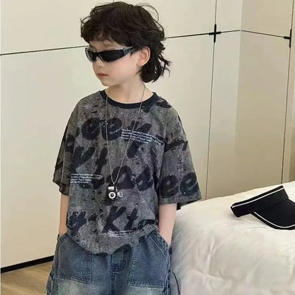 Cute Boys Distressed Letter Print Short Sleeve T-Shirt Summer 2026 Loose Fit Kids Sizes 12-16
