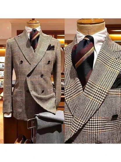 Formal Men's Brown Houndstooth Woolen Blazer Suits Jacket with Peak Lapel Casual Wedding Business Party Coat for Autumn Winter