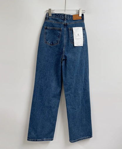 Retro High Waist Straight Leg Blue Jeans Women's Autumn Spring Season Versatile Loose Fit Long Pants Ladies Premium Denim