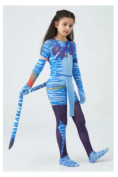 Girls Avatar 2 Neytiri Costume Tail Suit Boys Jake Sully Cosplay Zentai Bodysuit Jumpsuit Kids Halloween Birthday Party Costume