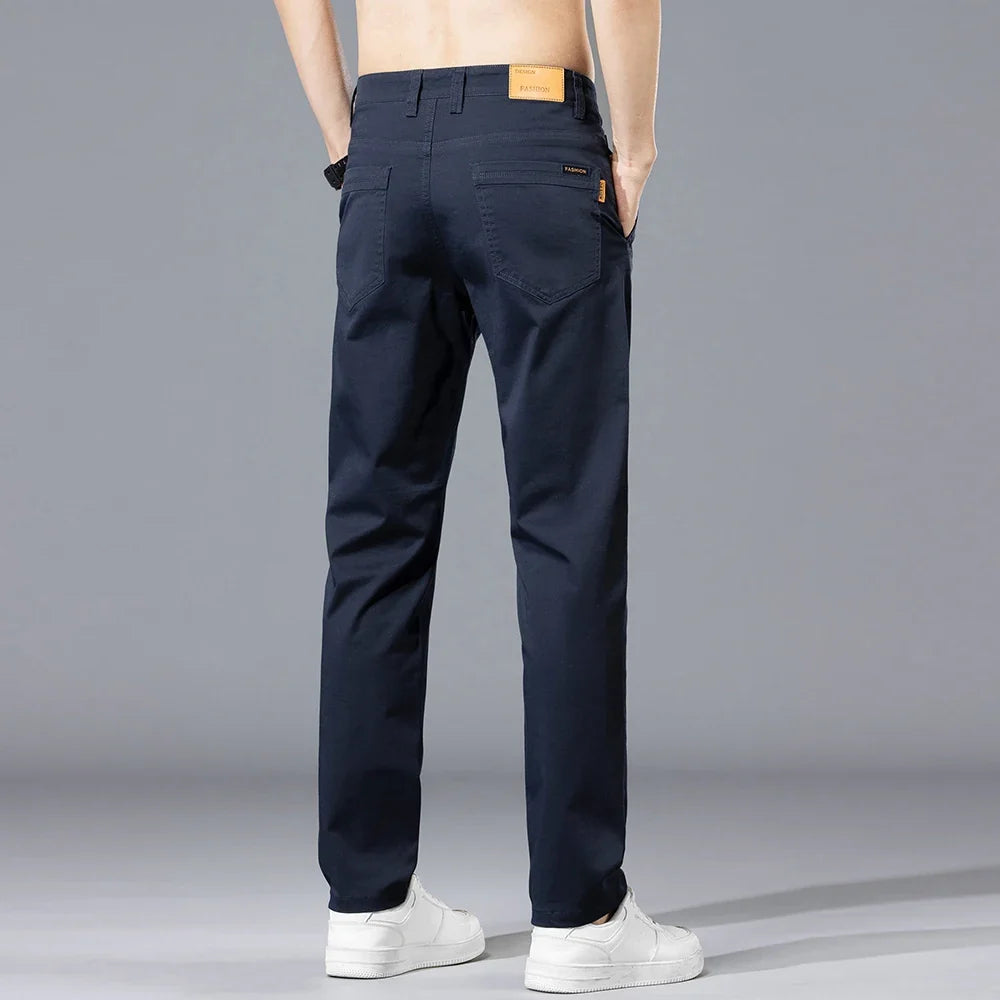 Brand Clothing Spring Summer Men's Casual Pants 97%Cotton Straight Solid Color Business Leisure Long Trousers Khaki Grey Blue