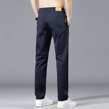 Brand Clothing Spring Summer Men's Casual Pants 97%Cotton Straight Solid Color Business Leisure Long Trousers Khaki Grey Blue