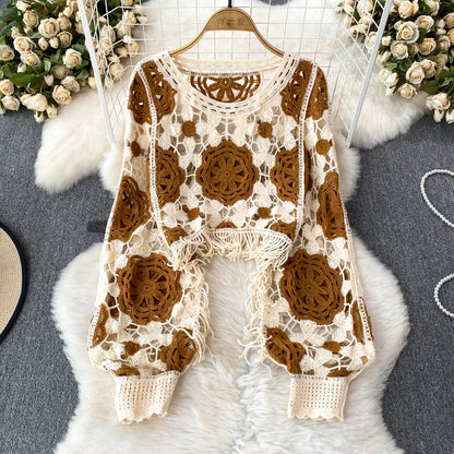 Hook Flower Hollow Out Tops Women Long Lantern Sleeves Tassels Vintage Bohemian Loose Beachwear Hotsweet Knit Blouse