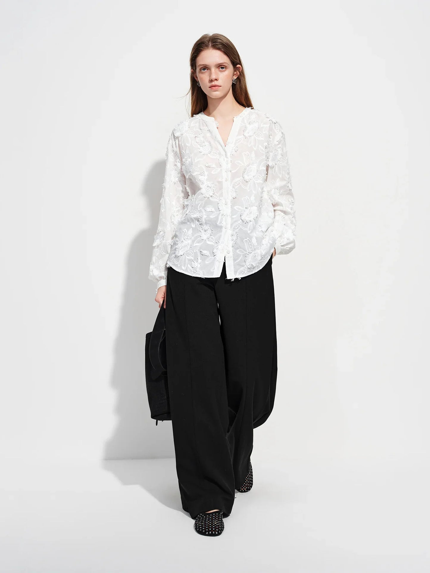 2026 New Spring Summer Women's 3D Jacquard Round V-Neck Blouse Long Sleeve Office Shirt for Quiet Minimalist Commute Top