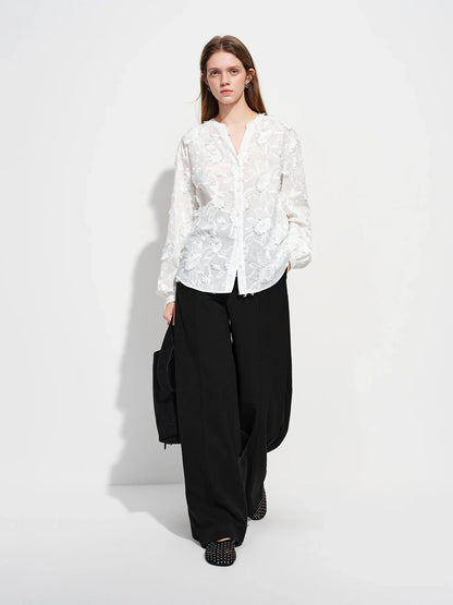 2026 New Spring Summer Women's 3D Jacquard Round V-Neck Blouse Long Sleeve Office Shirt for Quiet Minimalist Commute Top