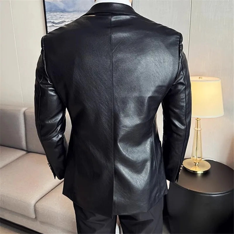 Leather Jacket Men PU Blazer Coats Fashion Business Casual Leather Suit Outwear Male Solid Slim Tur Down Collar Blazers Jackets