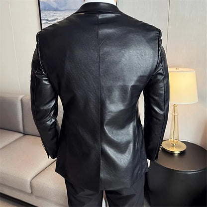 Leather Jacket Men PU Blazer Coats Fashion Business Casual Leather Suit Outwear Male Solid Slim Tur Down Collar Blazers Jackets