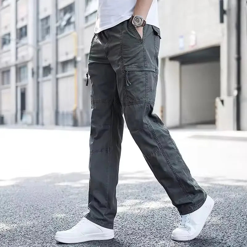 Casual Pants Men's Cargo Trousers Straight Leg Work Pants Men Cotton Casual Loose Spring Summer Wide Overalls Male Multi Pockets