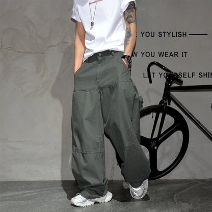 Mens Cargo Pants American Trendy Solid Black Cotton Heavyweight Wide Leg Loose Straight Streetwear Casual High Quality Pants