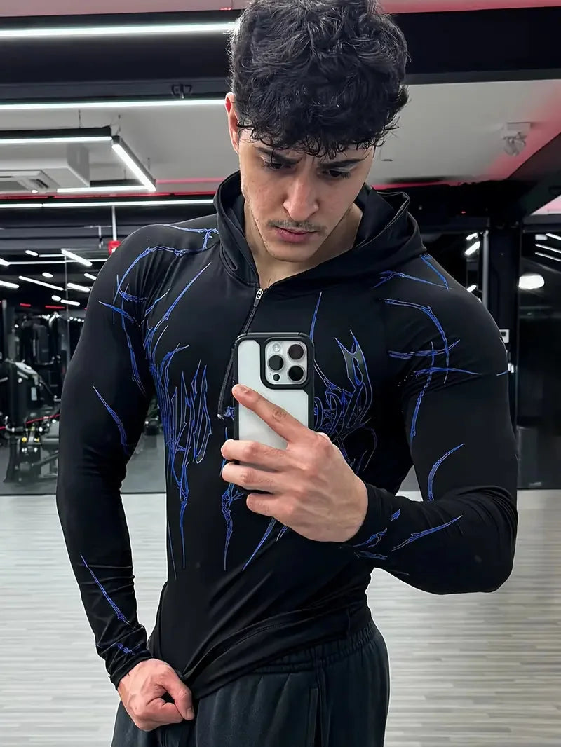 Men'S European Size Sports Fitness Pullover Sweatshirt，Hooded Bodysuit Half-Zip Quick-Dry Stretchy Long-Sleeve Sweatshirt。
